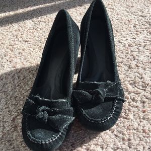 Black suede stacked heels